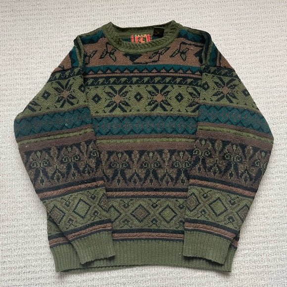 Vintage 90s green and brown oversized patterned wool blend sweater - Picture 3 of 5